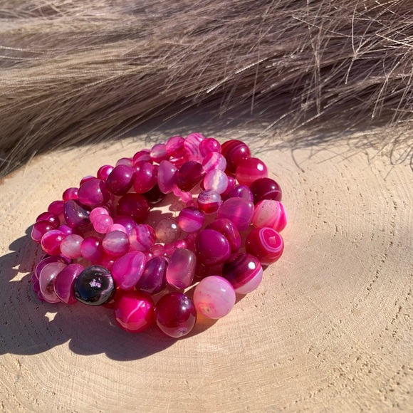 Natural Pink Striped Agate & Genuine Tourmaline Pink Quartz Gemstone Bracelet - Picture 11 of 15